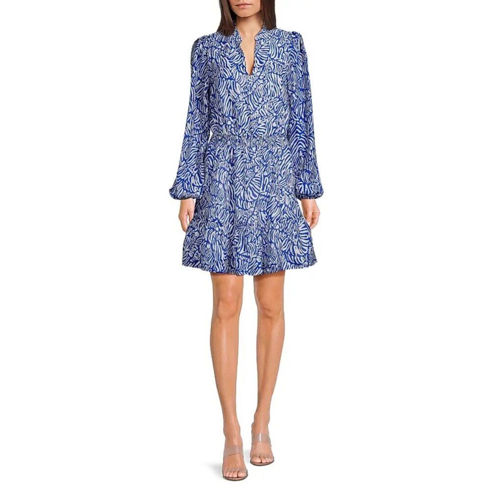 Lilly Pulitzer Blue White Linen Blend Axton Split Neck Dress Size 16